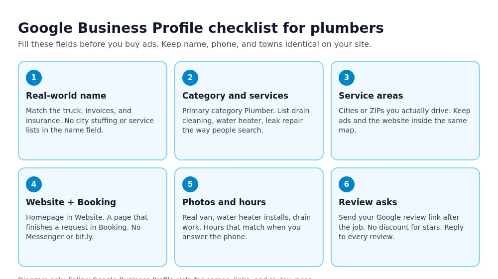 Google Business Profile checklist for plumbers covering name, services, areas, links, photos, and reviews