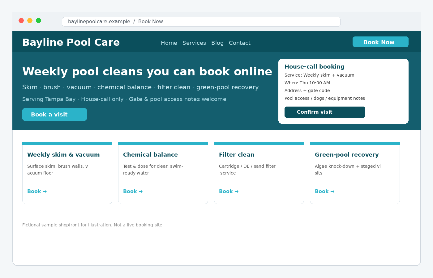 Sample bookable pool cleaning website homepage for Bayline Pool Care with Book Now, house-call booking panel, and skim/balance/filter/green-pool service cards