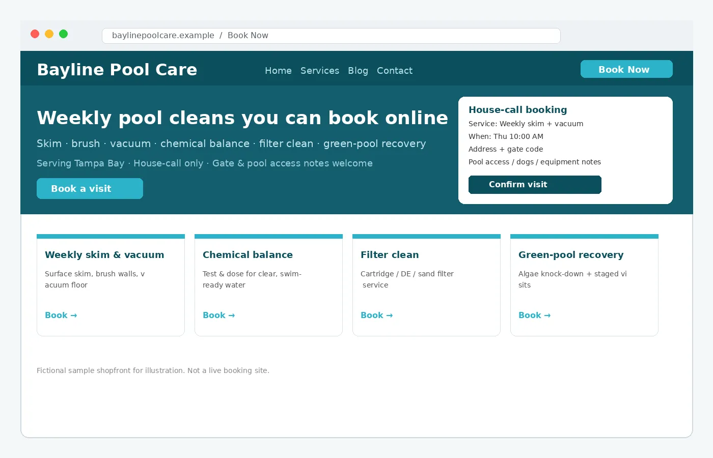 Sample bookable pool cleaning website homepage for Bayline Pool Care with Book Now, house-call booking panel, and skim/balance/filter/green-pool service cards