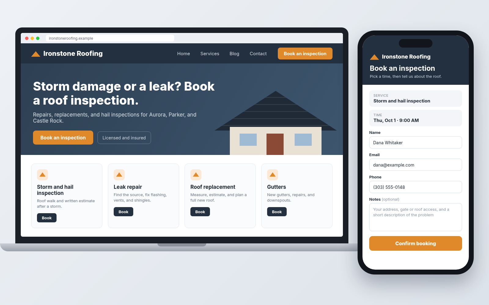 Sample bookable roofing website for Ironstone Roofing on a laptop and phone, with a Book an inspection button, roof inspection, leak repair, replacement, and gutter service cards, and a booking form asking only for name, email, phone, and notes