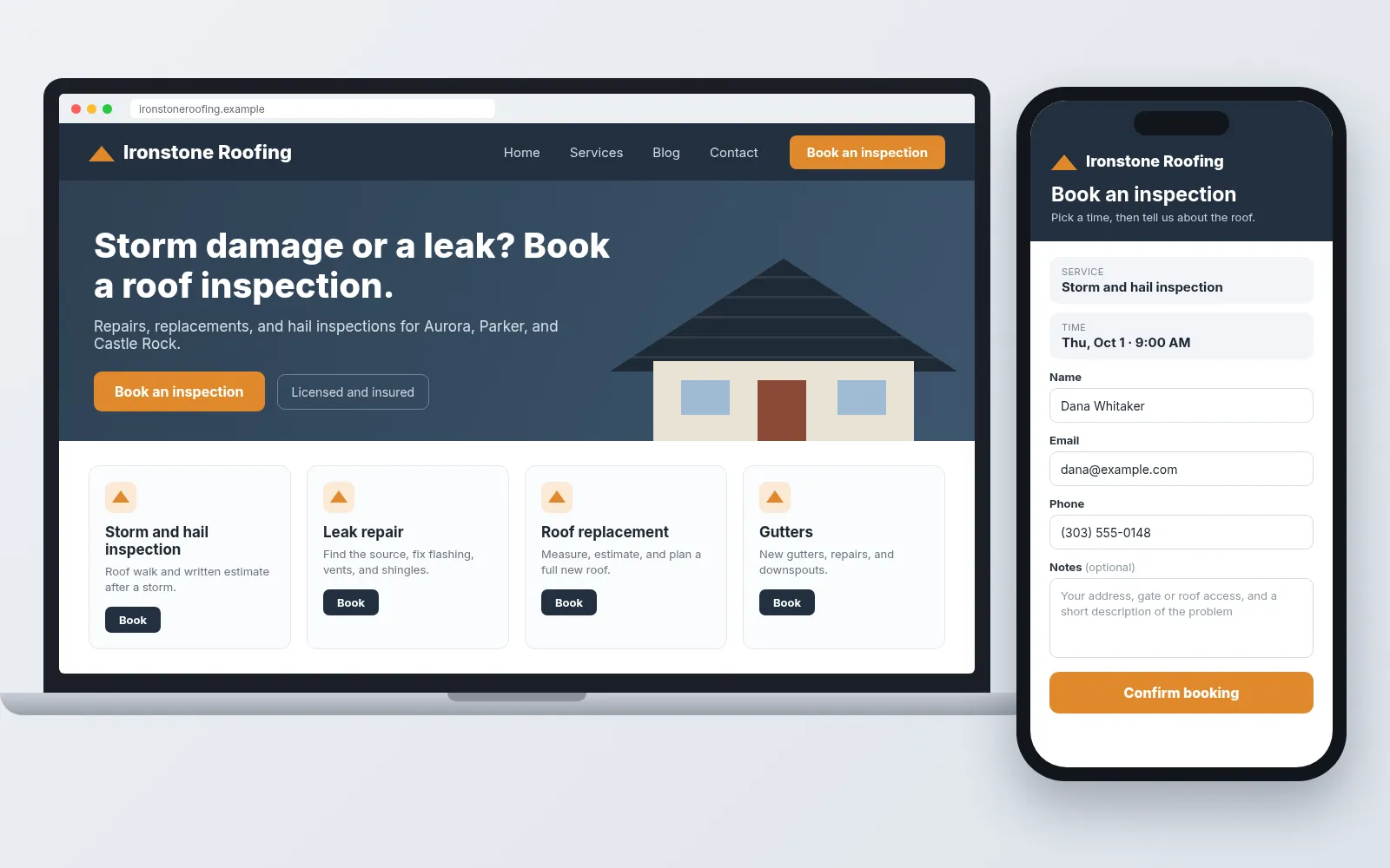 Sample bookable roofing website for Ironstone Roofing on a laptop and phone, with a Book an inspection button, roof inspection, leak repair, replacement, and gutter service cards, and a booking form asking only for name, email, phone, and notes