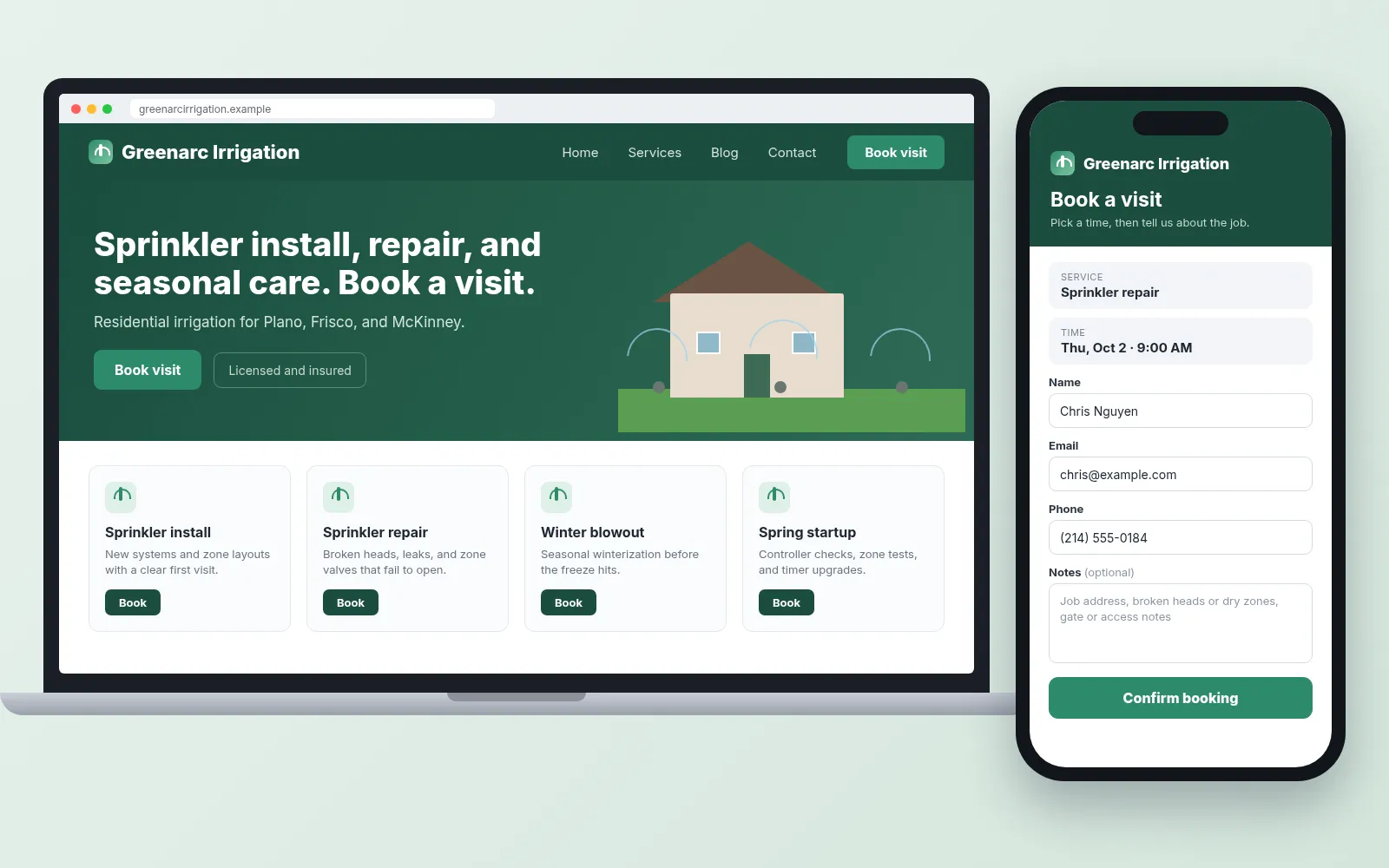 Sample bookable sprinkler system website homepage for Greenarc Irrigation with Book visit, time-slot booking panel, and install/repair/blowout/startup service cards