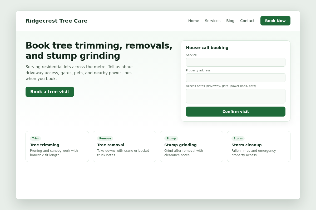Sample bookable tree service website homepage for Ridgecrest Tree Care with Book Now, house-call booking panel, and trimming/removal/stump/storm service cards