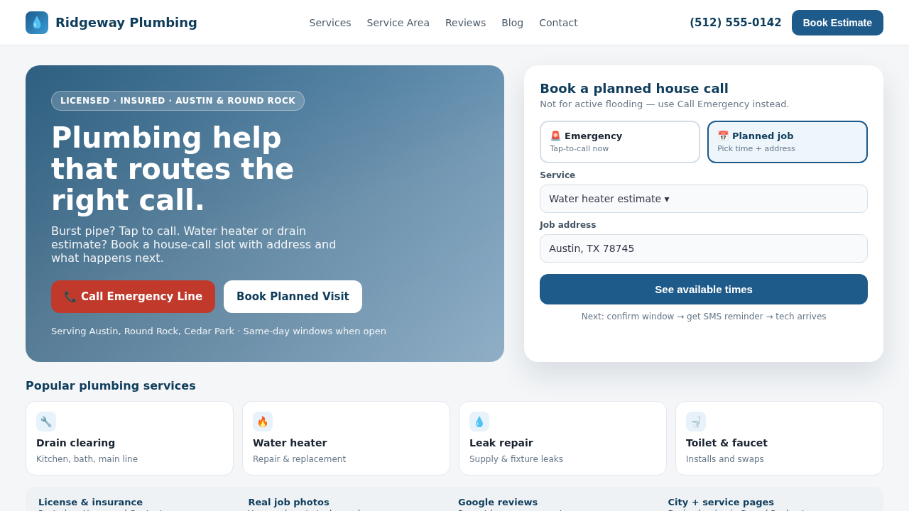 Sample bookable plumber website homepage for Ridgeway Plumbing with Call Emergency vs Book Planned Visit CTAs, house-call booking panel, and drain/water heater/leak service cards
