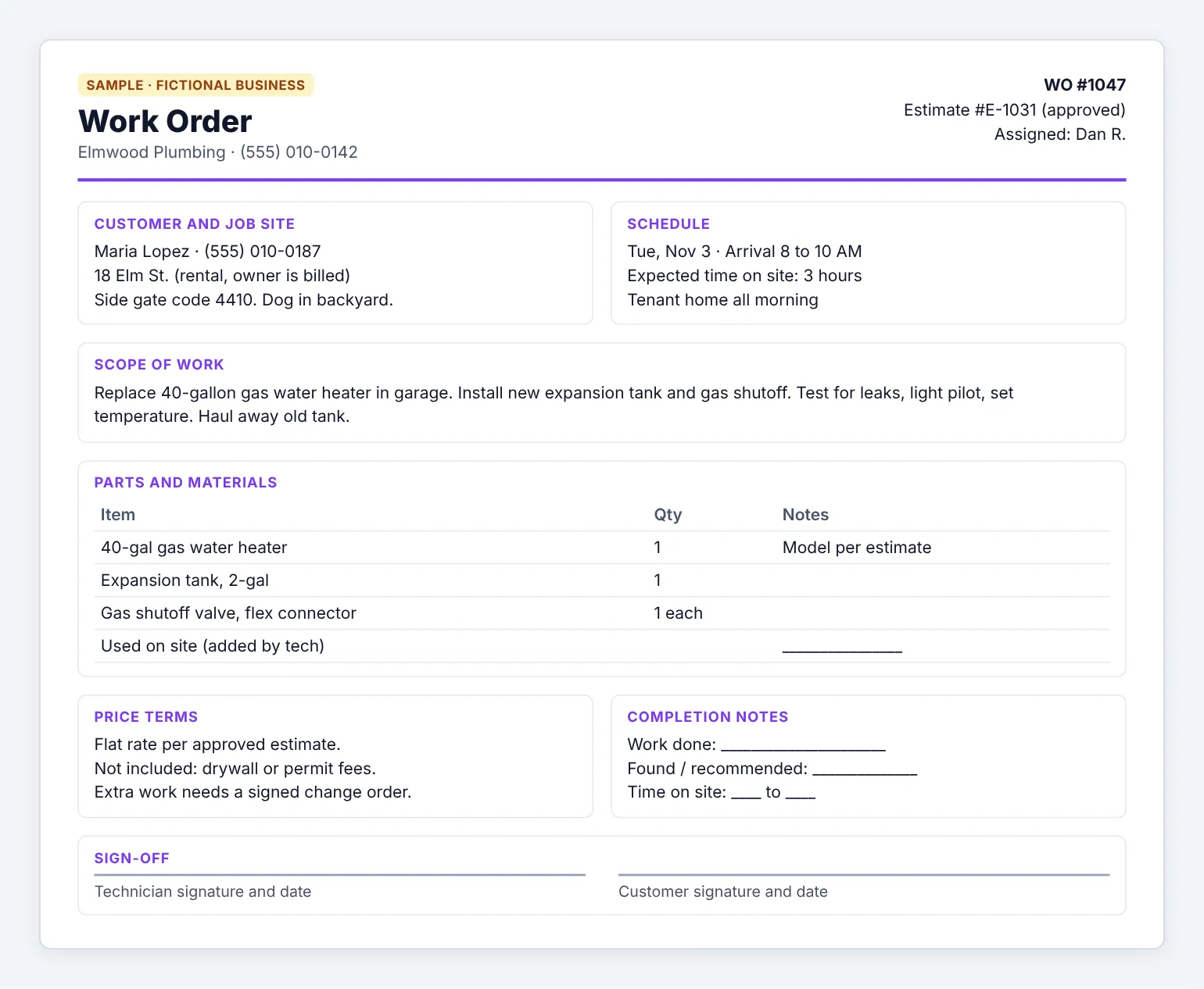 Sample work order for a fictional plumbing company showing customer, job site, scope, parts, schedule, price terms, and sign-off blocks