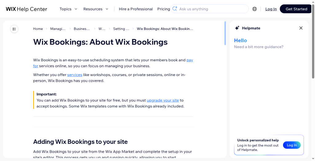 Wix Help Center: add Bookings free, upgrade required to accept bookings