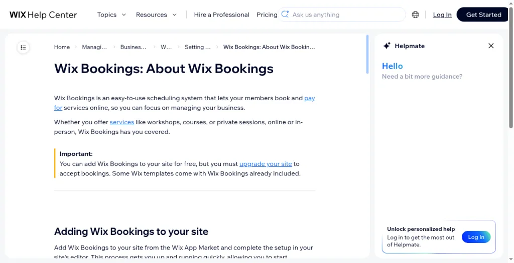 Wix Help Center: add Bookings free, upgrade required to accept bookings