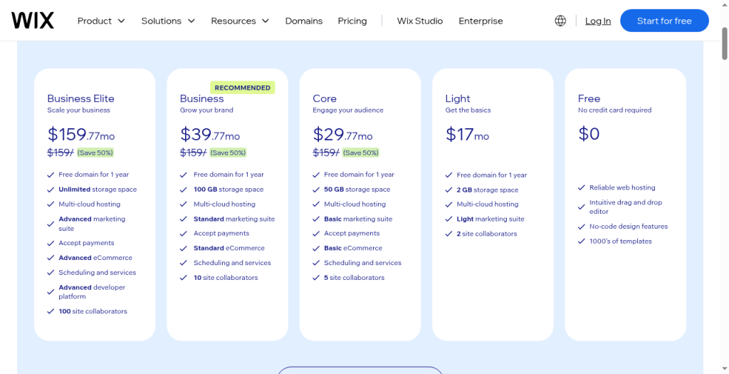 Wix pricing plans showing Core, Business, and Business Elite with Scheduling and services