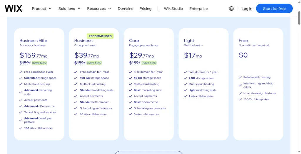Wix pricing plans showing Core, Business, and Business Elite with Scheduling and services