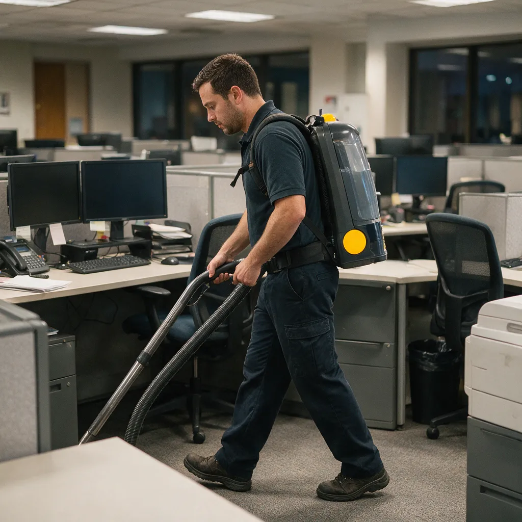 Cleaner wearing a backpack vacuum walking between office desks during after-hours cleaning.