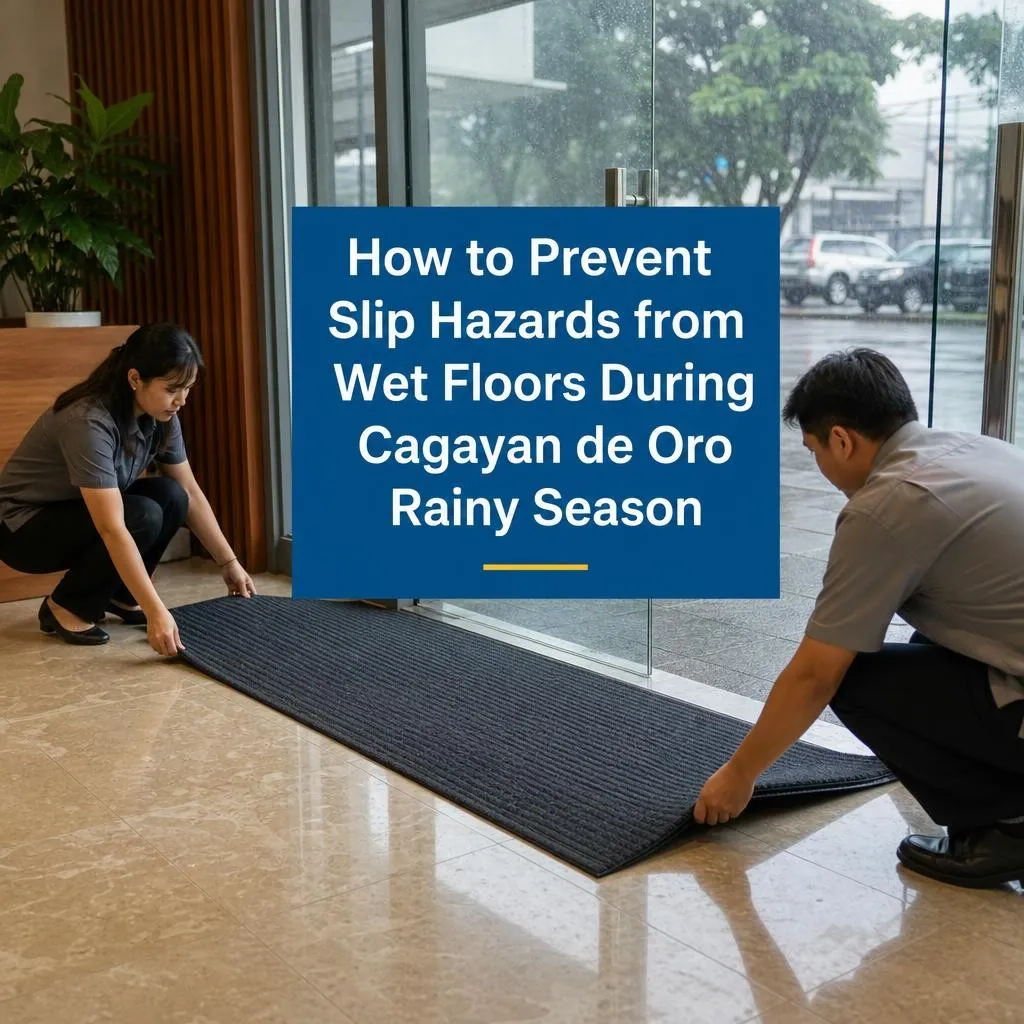 Office staff placing absorbent entry mats near a glass door during a rainy day in Cagayan de Oro.