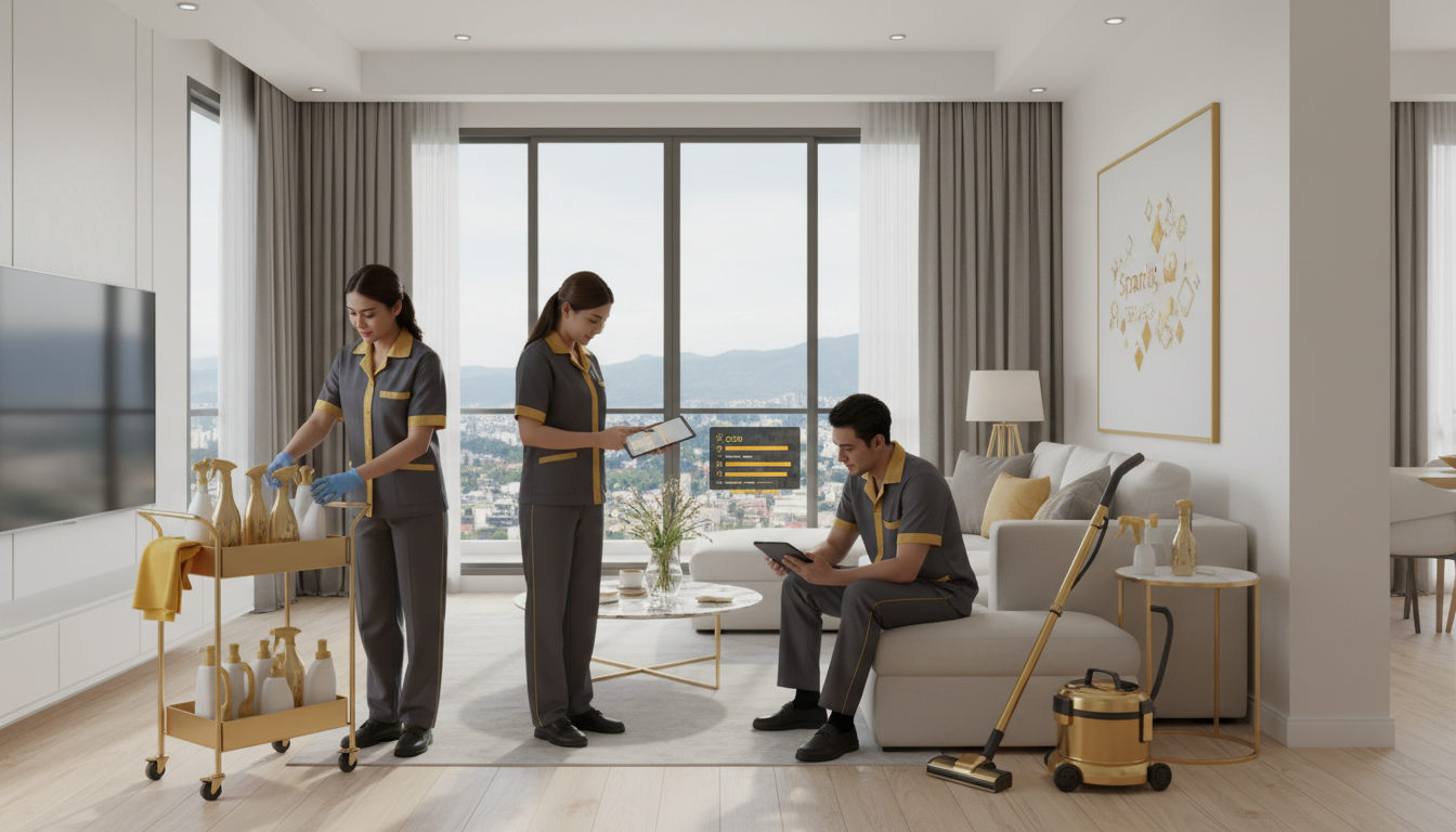 Professional cleaning team in uniforms preparing checklists and supplies in a modern Cagayan de Oro condo living room