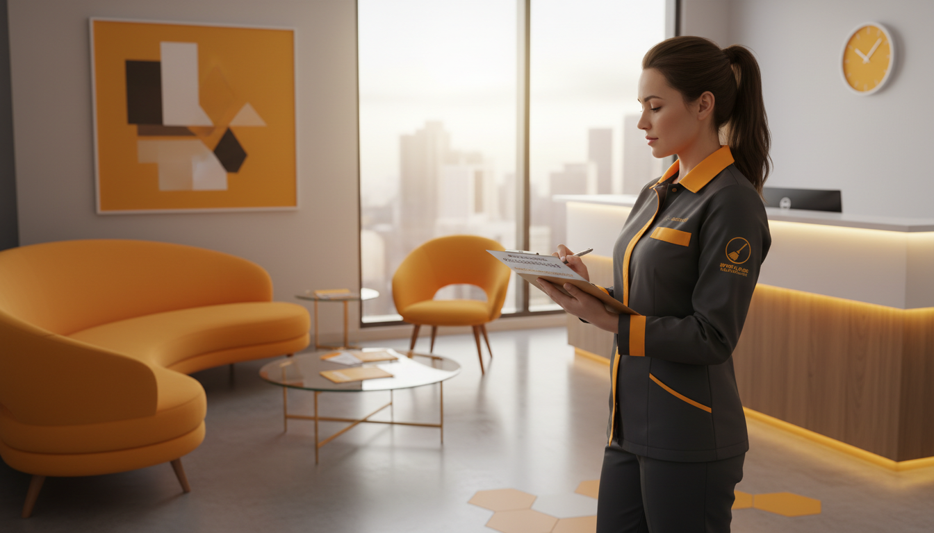 Cleaner holding a clipboard doing a pre-cleaning walkthrough in an office reception area