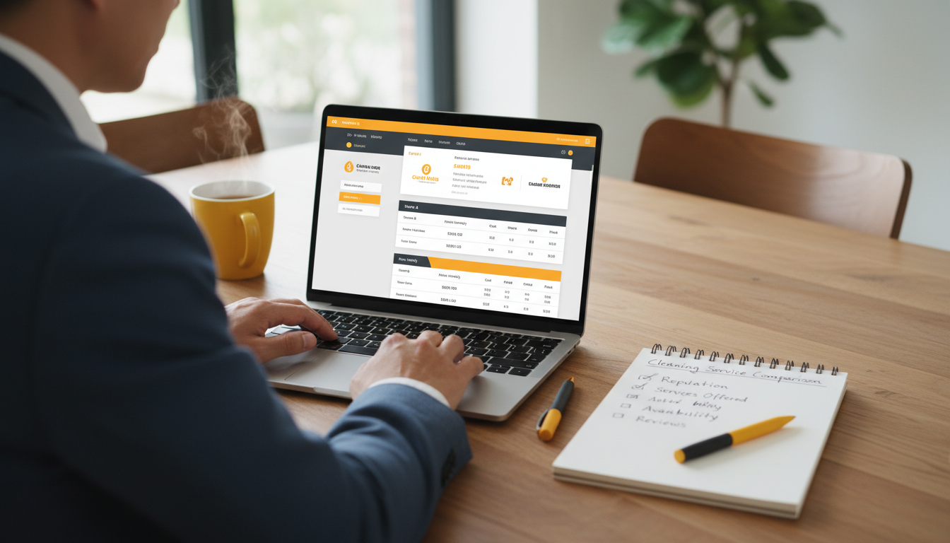 Client comparing cleaning service quotes on a laptop at a dining table, with a notebook checklist beside it