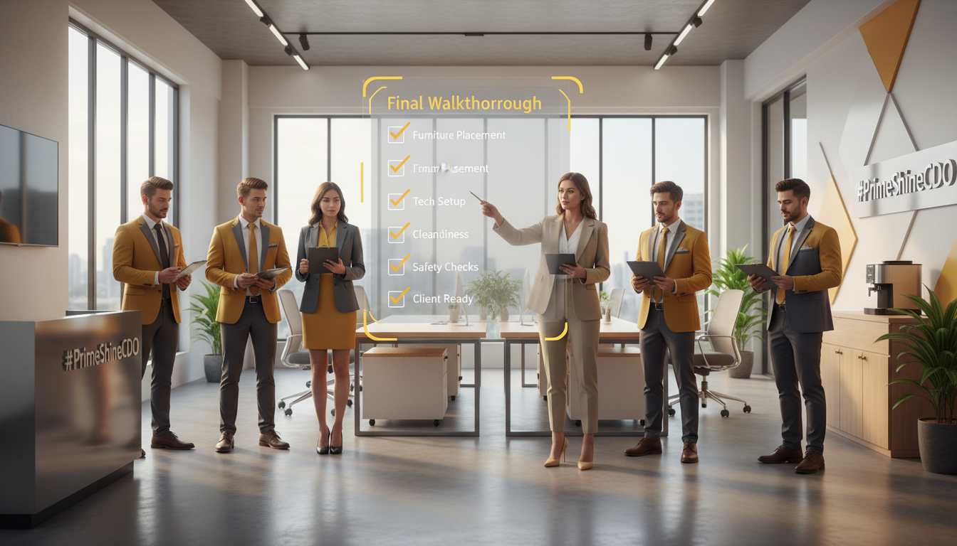 PrimeShineCDO-style professional team doing a final walkthrough in a bright office space, with a checklist in hand