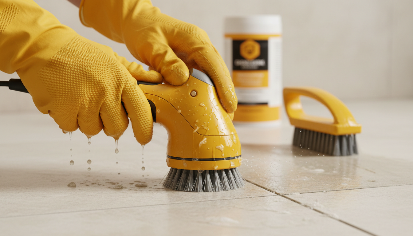 Close-up of gloved hands scrubbing bathroom tile grout with professional tools