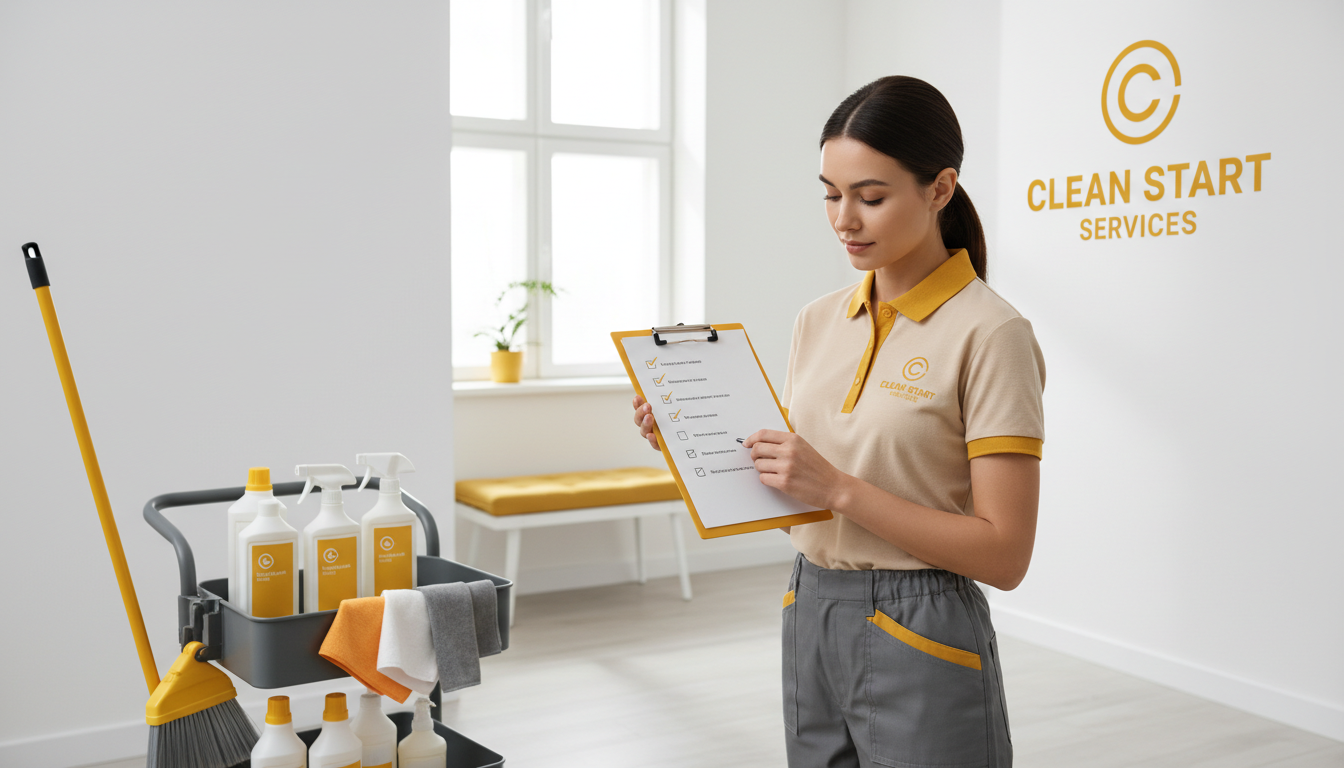 Cleaner using a checklist on a clipboard while preparing supplies in a tidy entryway