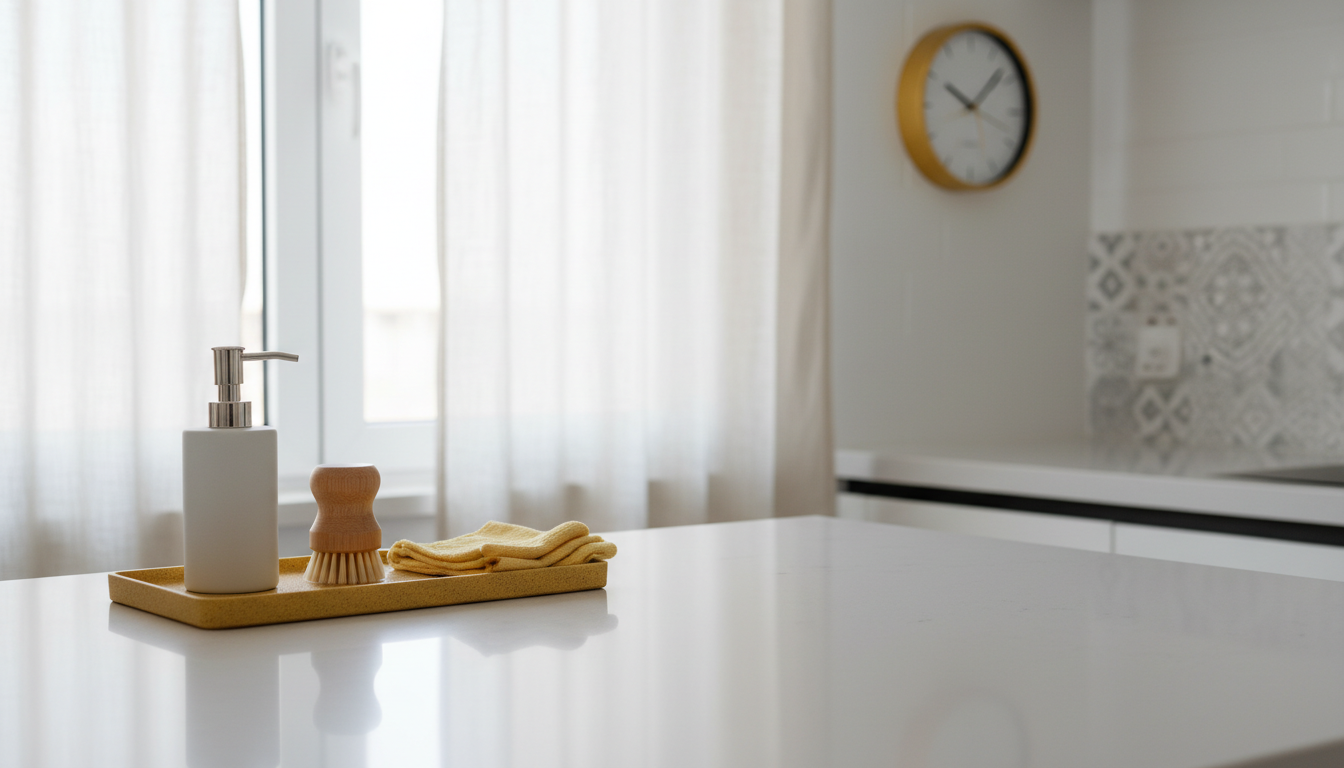 Minimalist countertop cleared and ready for professional cleaning, with neatly organized items in a tray