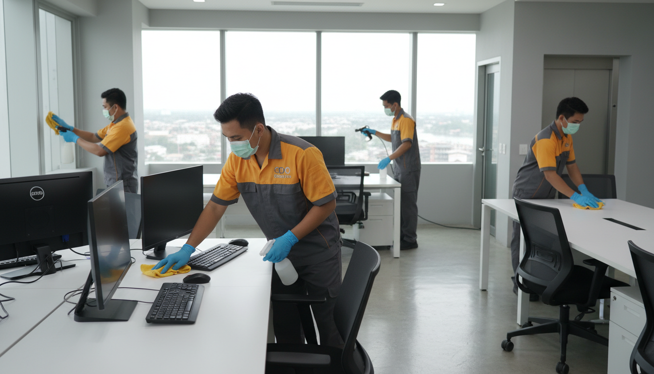 Professional office cleaning team in uniforms disinfecting desks and high-touch points in a modern Cagayan de Oro office