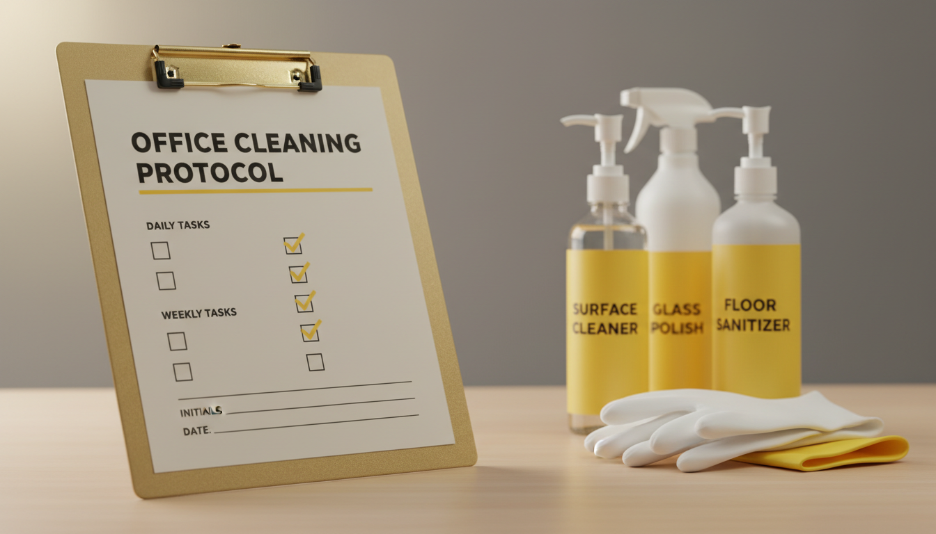 Professional checklist photo of an office cleaning schedule on a clipboard beside labeled cleaning bottles
