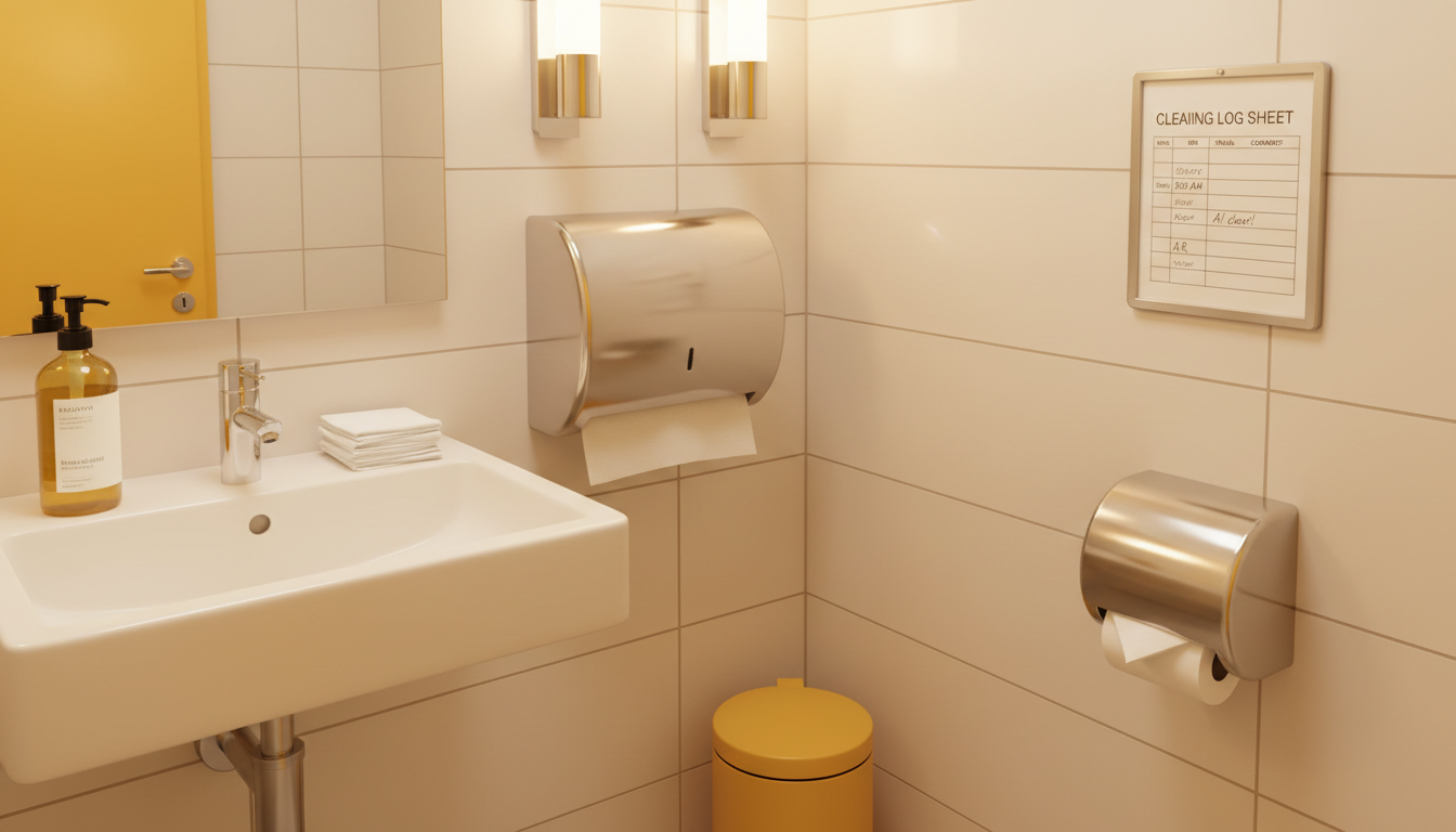 Spotless office restroom with visible cleaning log sheet and fully stocked soap and tissue