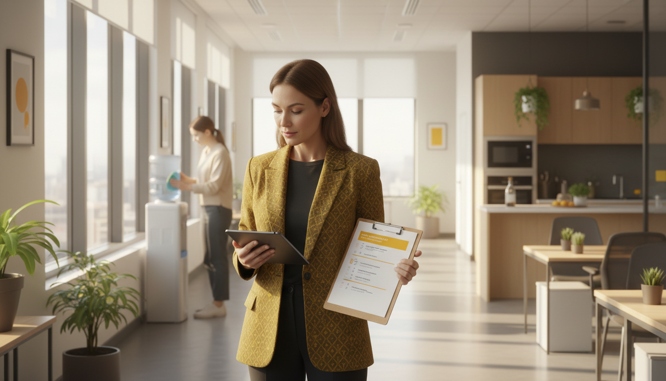 Office manager conducting a hygiene audit with a tablet and checklist in a bright office hallway