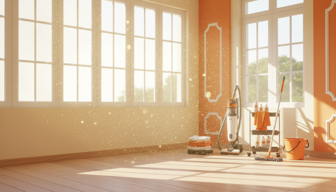 A bright, newly renovated room in Cagayan de Oro with sunlight showing airborne dust, with cleaning tools neatly staged in the corner