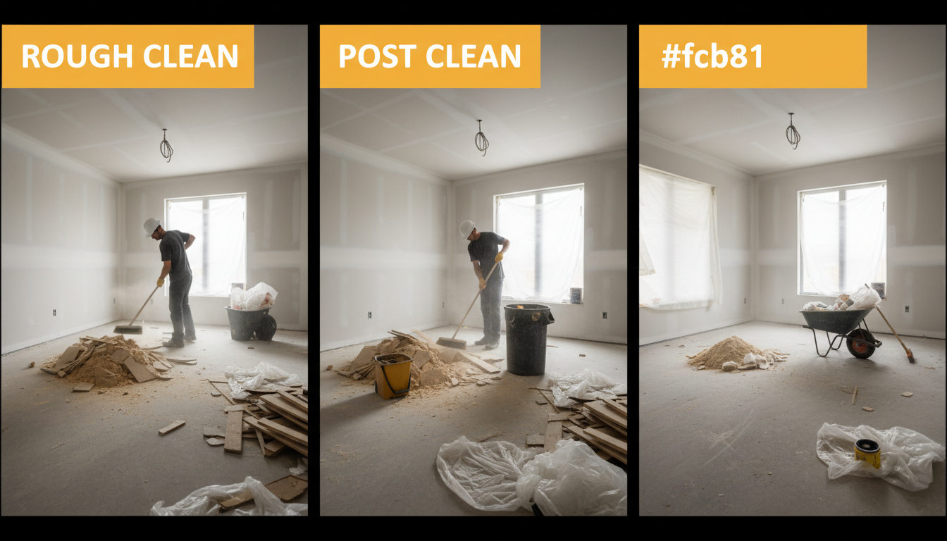 A three-panel visual concept showing “Rough Clean,” “Detailed Clean,” and “Final Clean” inside a newly built home