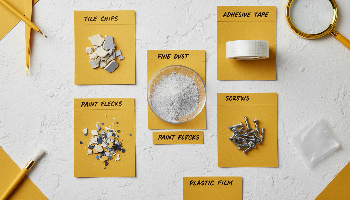 A flat-lay of labeled debris samples: tile chips, fine dust, paint flecks, adhesive tape, screws, and plastic film
