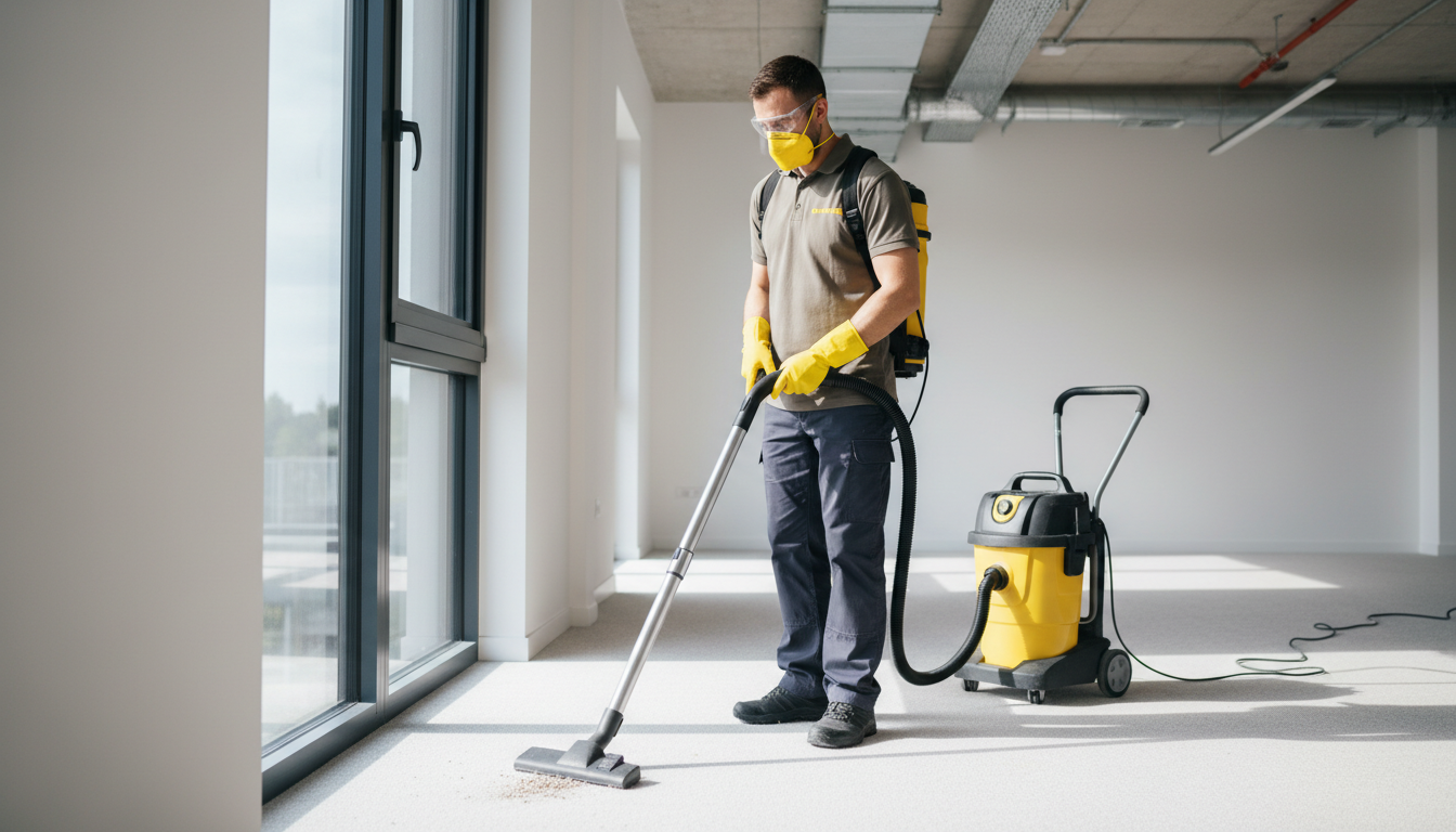 A cleaner wearing gloves, mask, and safety glasses while vacuuming near a newly installed window
