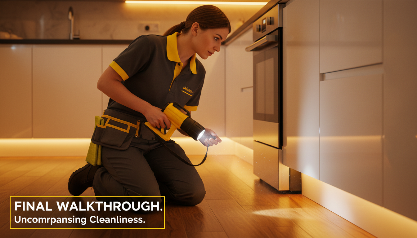 A professional cleaner doing a final inspection with a flashlight, checking baseboards and cabinet edges