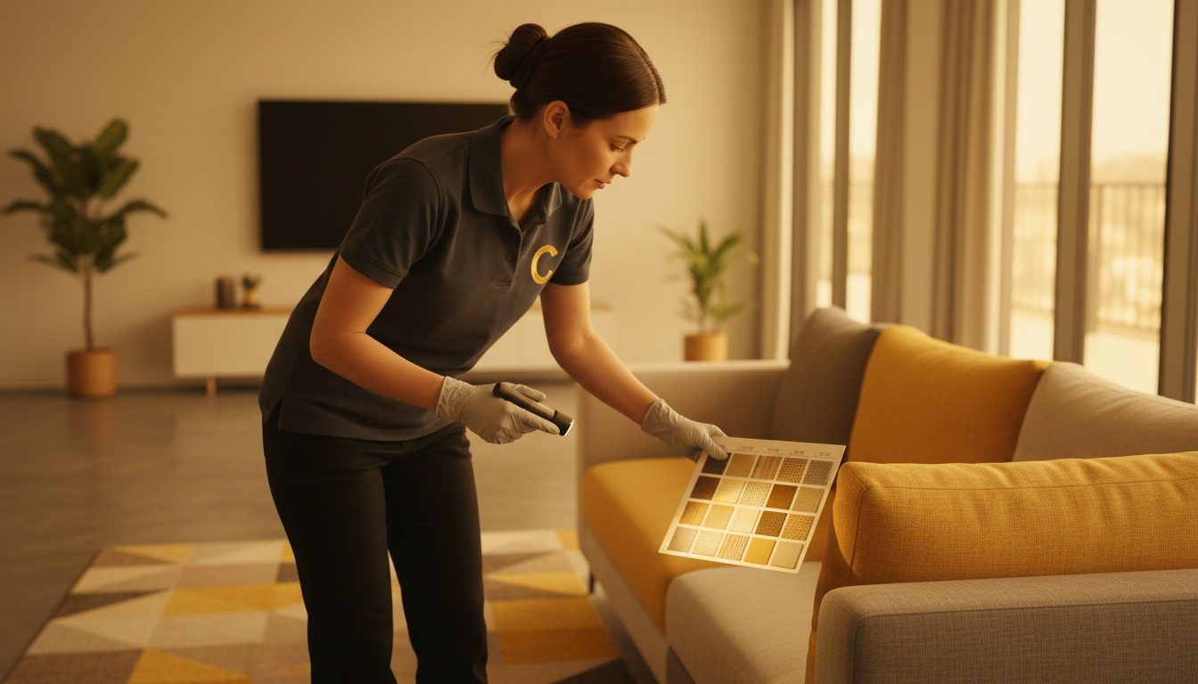 Professional cleaner inspecting a fabric sofa with a handheld fabric ID chart and a small flashlight in a modern living room