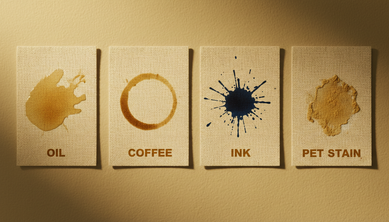 Close-up of different stain types on fabric swatches labeled oil, coffee, ink, and pet stain