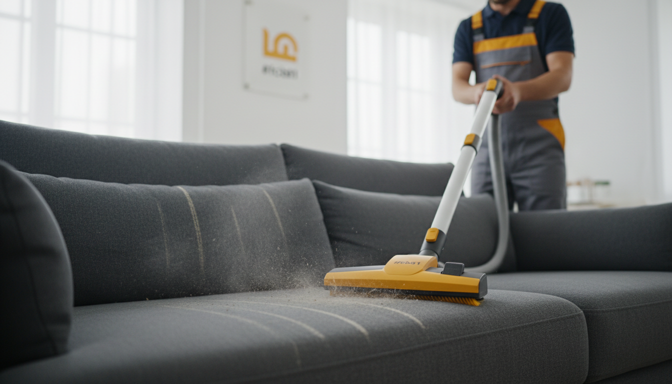Cleaner vacuuming a sofa with an upholstery brush attachment, showing lint and dust removal