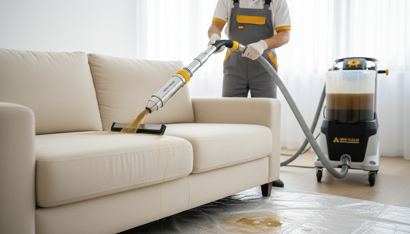 Technician using a professional upholstery extraction tool on a sofa, with clear hose showing dirty water being removed