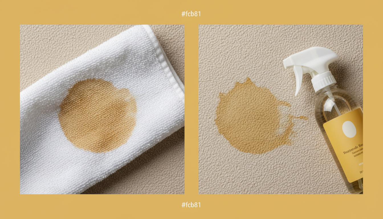 Side-by-side close-up of a coffee stain being blotted with a white towel and a spray bottle nearby