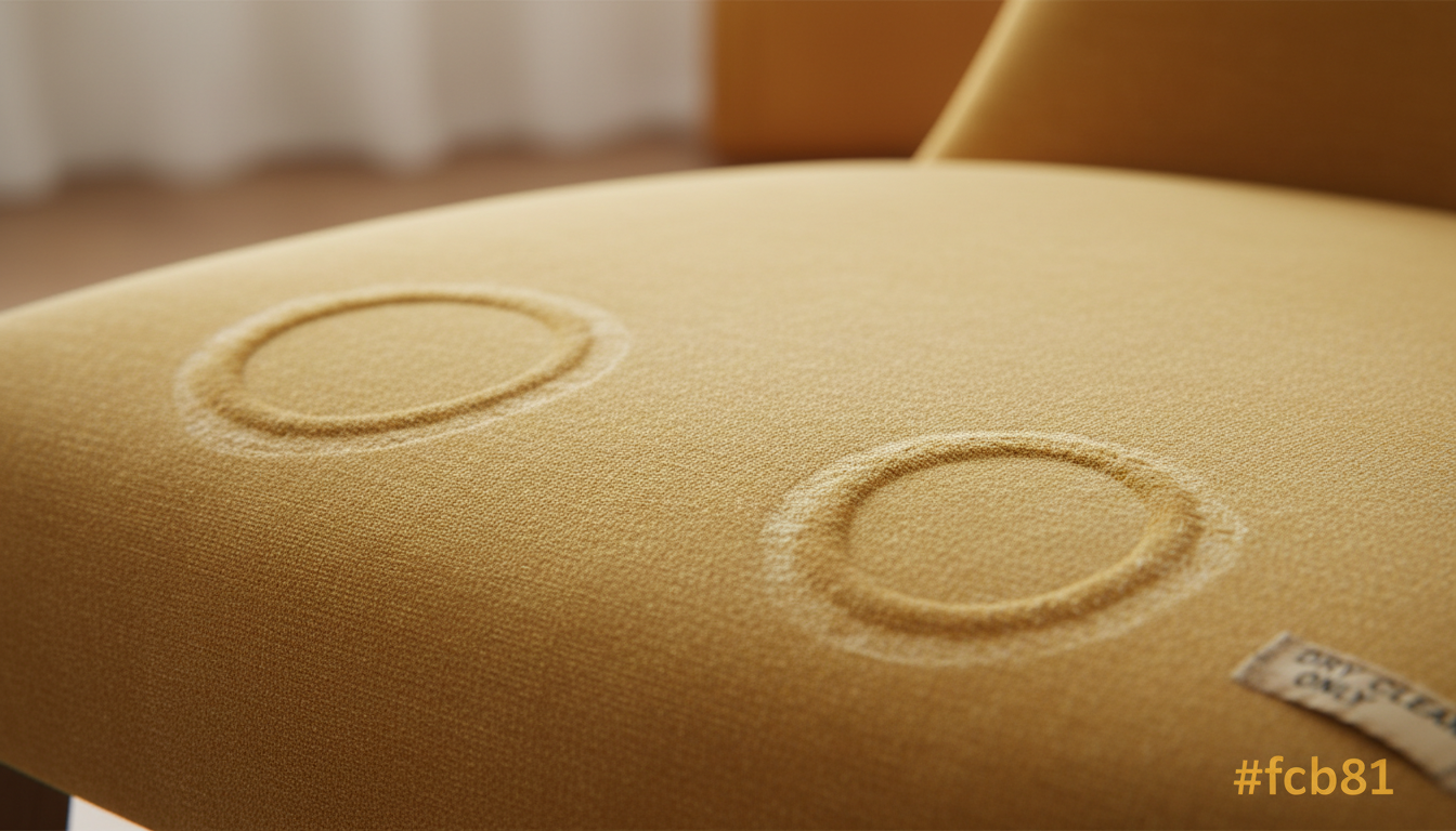 Close-up of water ring marks on a delicate fabric chair, illustrating why improper cleaning can cause damage