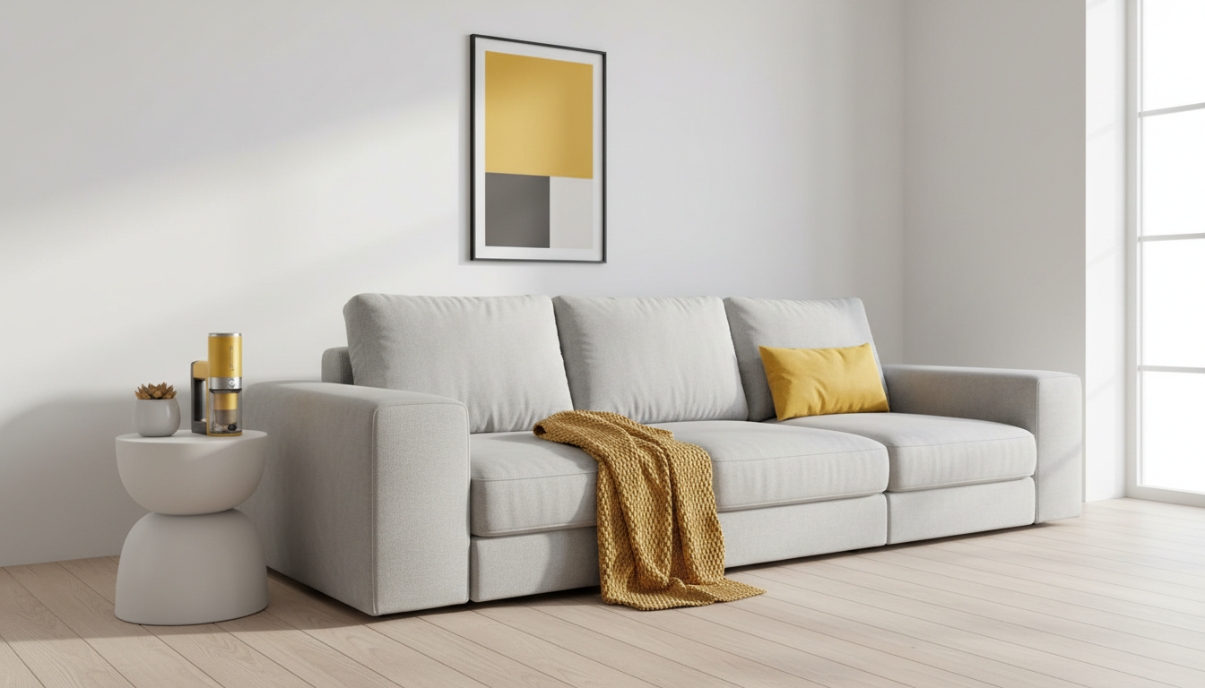 Minimalist living room with a sofa, throw blanket, and a small handheld vacuum on a side table—clean, bright, professional look