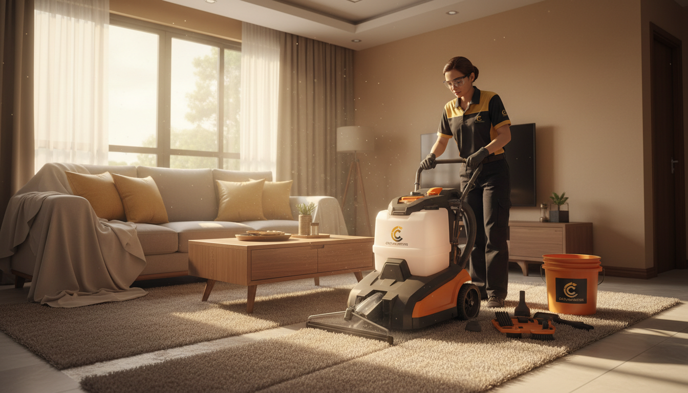 Professional carpet technician in a CDO home using a modern carpet extractor, bright natural light, clean and organized setting
