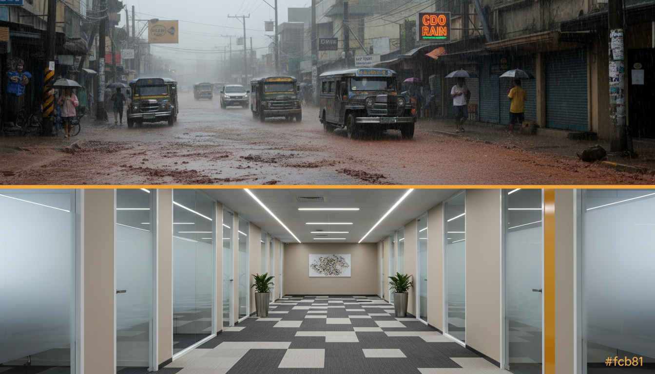 Split-scene showing rainy CDO street dust and an air-conditioned office hallway with carpet tiles