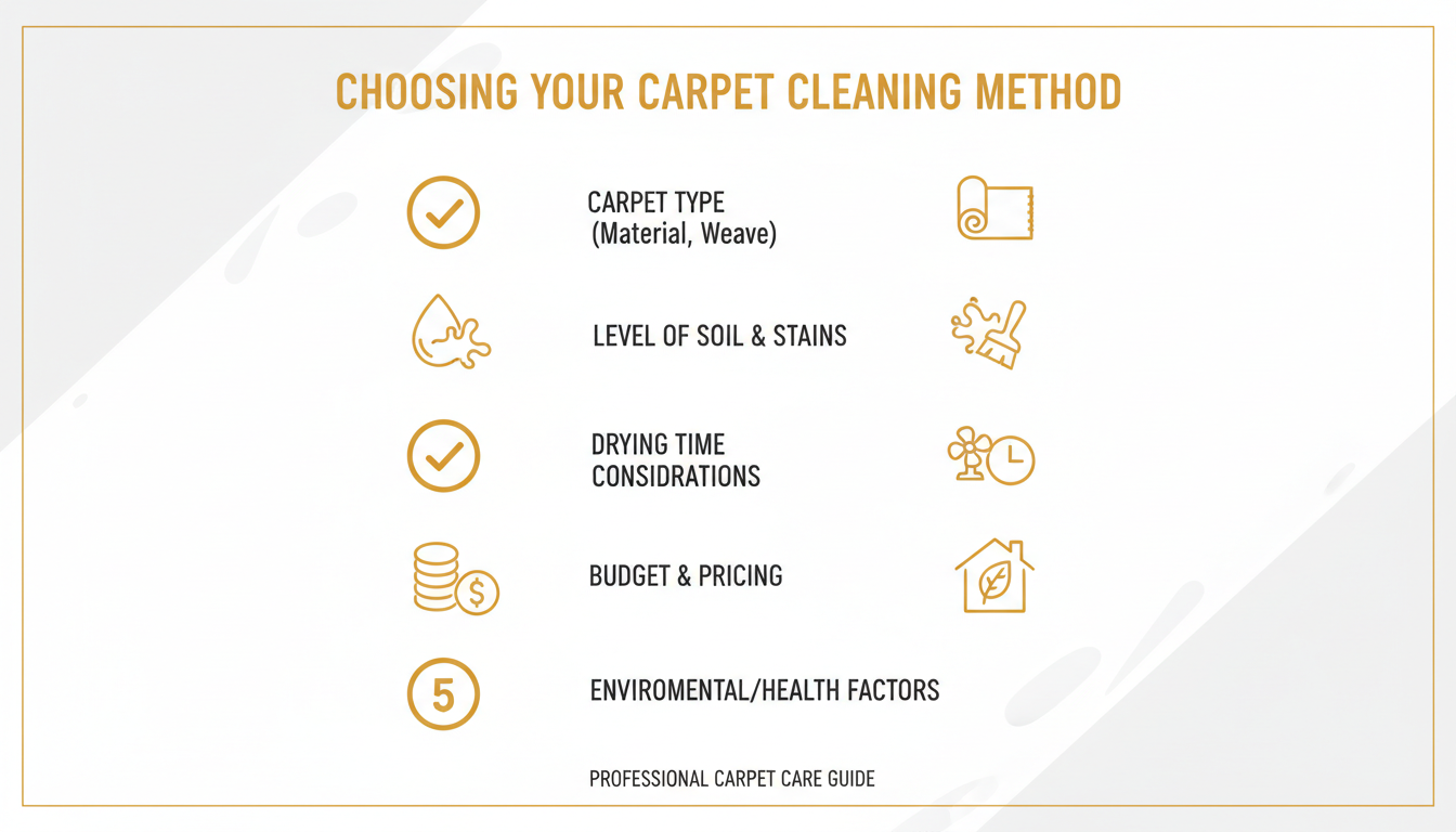 Minimalist checklist graphic style image showing five steps for choosing carpet cleaning method, professional look