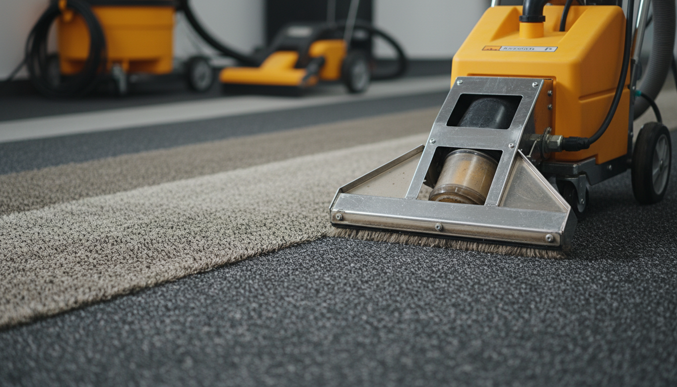 Close-up of carpet extractor head on carpet with visible clean path, professional equipment
