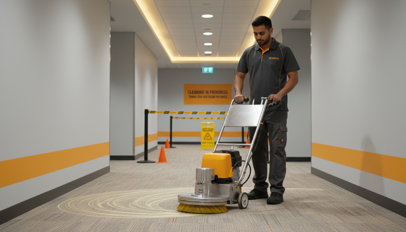 Technician using rotary brush on carpet in an office corridor, controlled professional setting
