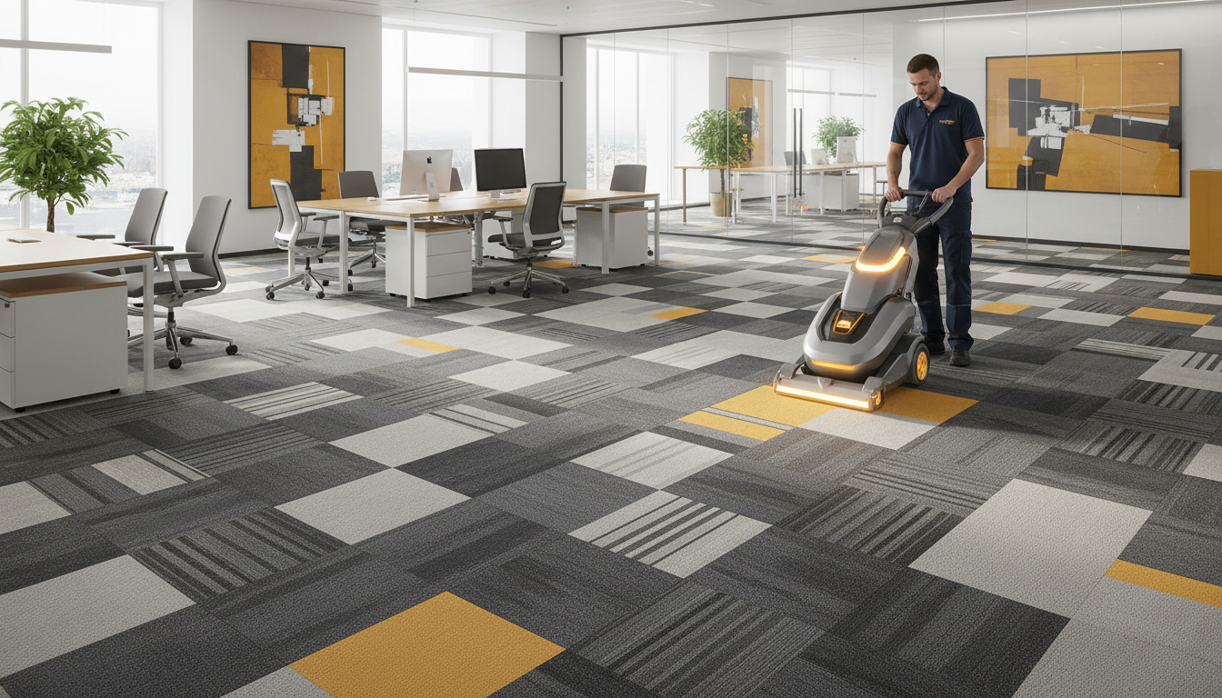 Modern office with carpet tiles, technician using low-moisture encapsulation machine, clean corporate look