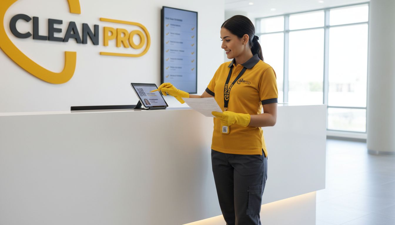 High-quality image of a cleaner wearing a uniform and ID badge while checking in via a printed job order at a reception desk