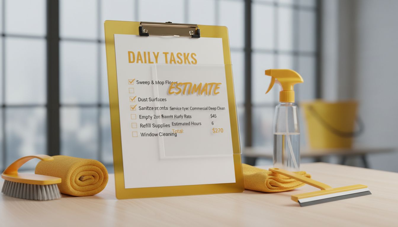 Professional photo of a cleaner’s clipboard with an itemized checklist and a transparent quote sheet on a desk, with cleaning tools neatly arranged