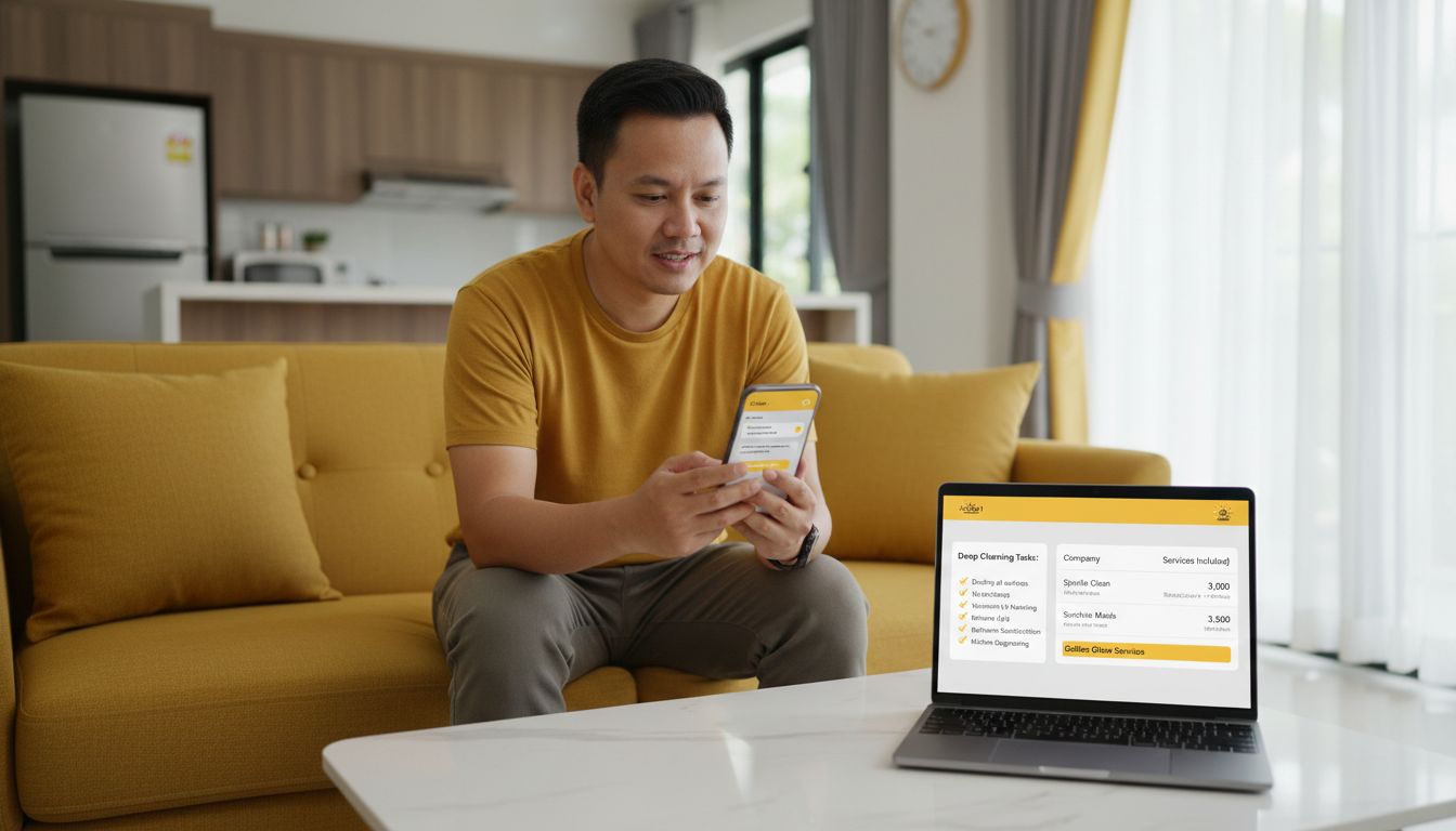 High-quality image of a person in a CDO home messaging a cleaning company on a phone while a laptop shows a checklist and quote comparison