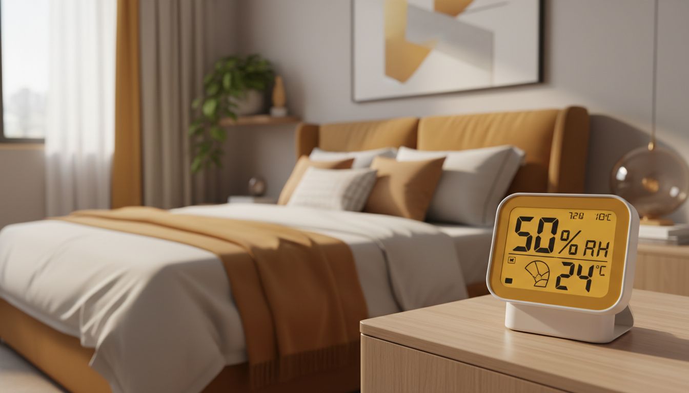 Hygrometer on a table reading 50% RH with a tidy bedroom background—professional, high-quality photo