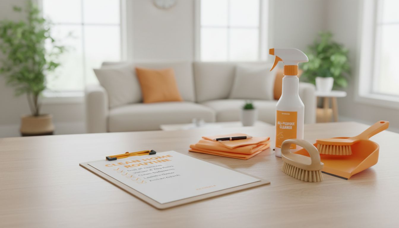 Checklist on a clipboard in a clean home setting, with cleaning tools neatly arranged—professional, high-quality photo