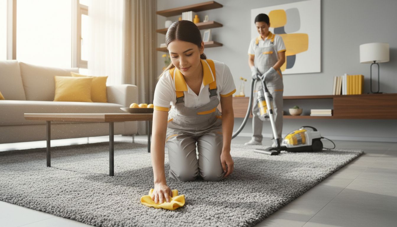 Person using a microfiber cloth and a vacuum with HEPA filter in a modern living room—professional, high-quality photo